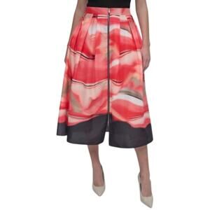 DKNY Women's Printed Zipper-Front Midi Skirt in Brushed Marble Border Pink